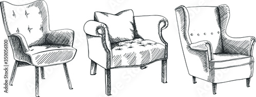 Vector hand drawing modern interior sketch. Living room furniture.