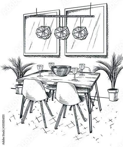 Vector hand drawing modern interior sketch. Kitchen furniture.