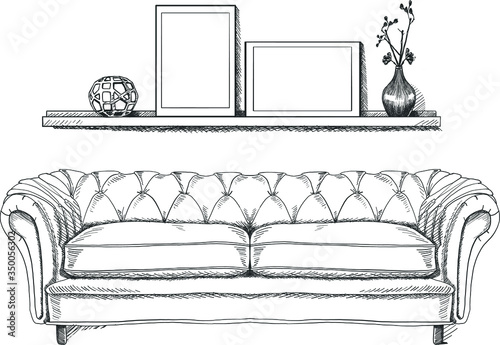 Hand drowning modern interior design. Vector sketch in black and white. Sofa and living room with coffee table, lots textile and painting and lighting. Place for your text copy space.