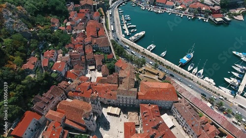 Aerial view of the beautiful Kotor Bay and old town with orange roofs