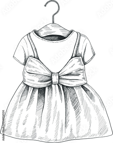 Hand drawn vector icon: baby girl wardrobe dress for special occasion on the hanger.