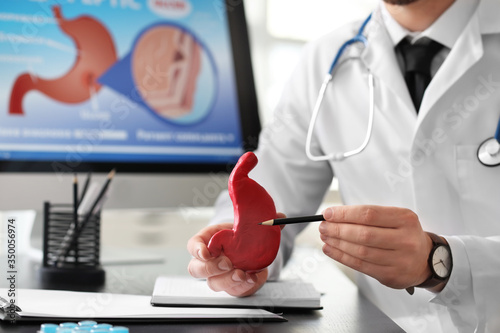 Принти на полотні Gastroenterologist with model of stomach in clinic, closeup