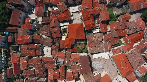 Aerial view of the beautiful Kotor Bay and old town with orange roofs