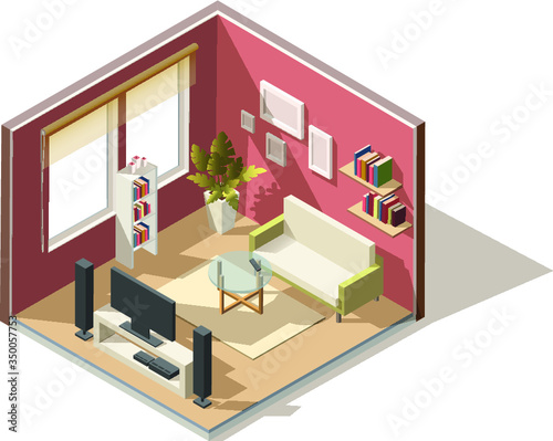 3d realistic vector isometric low poly living room interior.