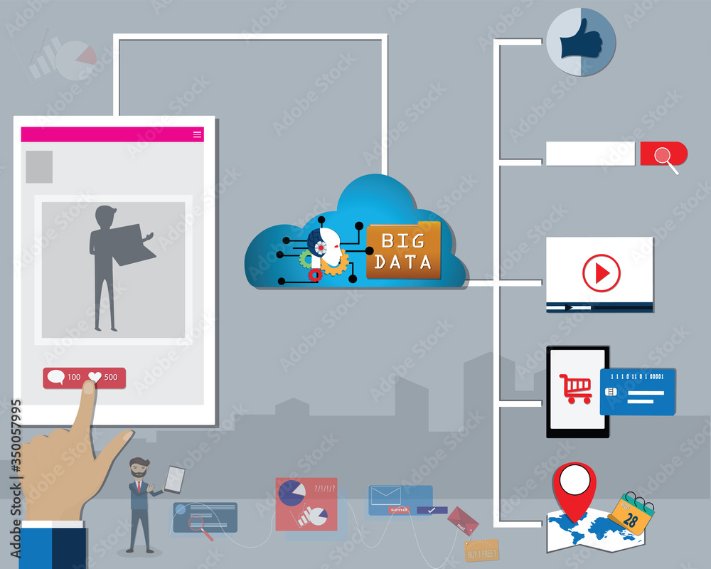 The marketers analysed customers data from like and share content on social application - vector The marketers analysed customers data from like and share content on social application - vector