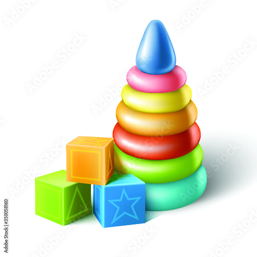 3d realistic vector icon set of baby plastic toys, cubes and colorful stacker.