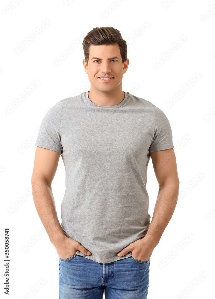 Man in stylish t-shirt on white background Man in stylish t-shirt on white background