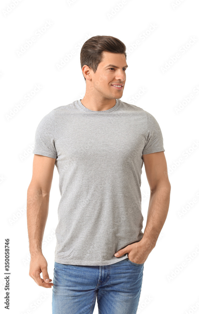 Fototapeta premium Man in stylish t-shirt on white background