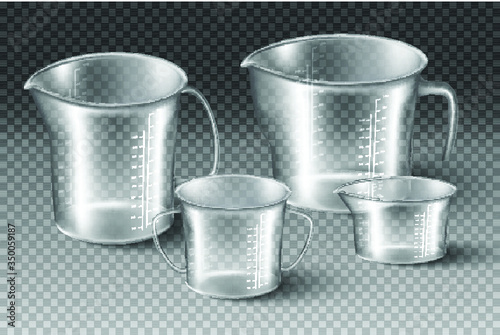 Isolated 3d realistic collection of glass vector measuring cups.