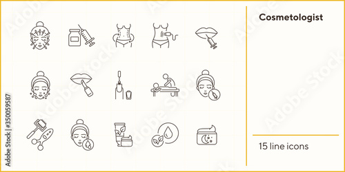 Cosmetologist line icon set. Needles, injection, massage, moistening. Beauty care concept. Can be used for topics like beauty salon, skin care, beautician, rejuvenation