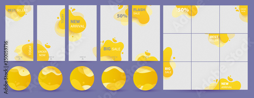 Social media template. Set with yellow liquid abstract design for stories, square banners and circle badge. Social media pack template for discount and special offer.Vector illustration.