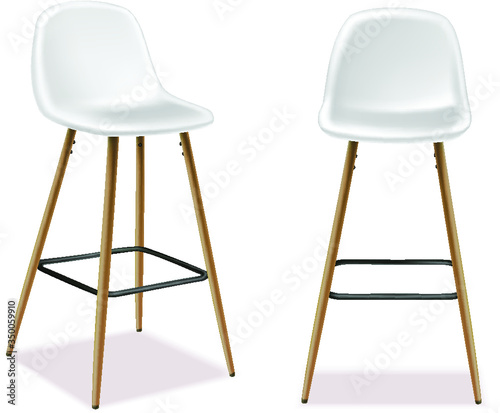 3d realistic vector bar or restaurant stool in front and side view. Isolated on white background. White plastic and wood.