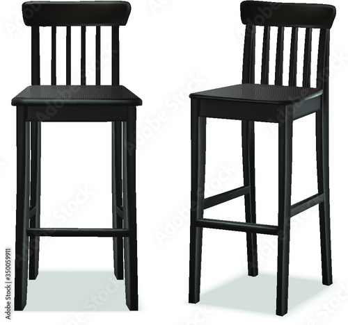 3d realistic vector bar or restaurant stool in front and side view. Isolated on white background. Dark wood.
