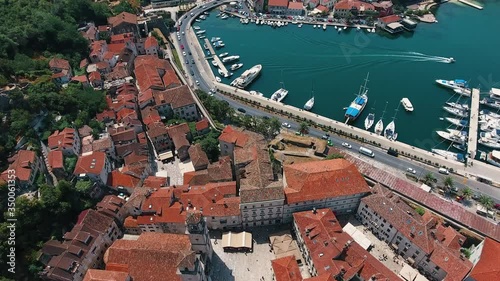 Aerial view of the beautiful Kotor Bay and old town with orange roofs
