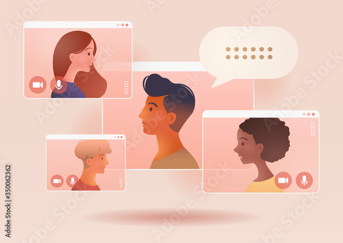 Video conference call of a business group meeting. Remote work. Work from Home, Online webinar. Social distancing. Online technology concept vector illustration.
