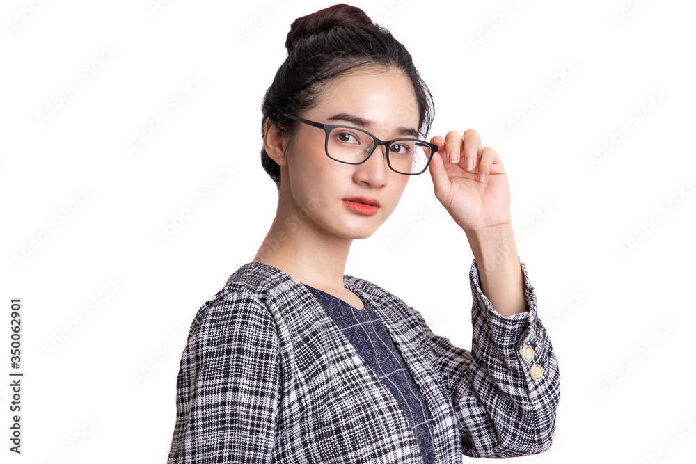 Portrait of beautiful young woman standing thinking of serious confident with spectacles isolated on white background Portrait of beautiful young woman standing thinking of serious confident with spectacles isolated on white background