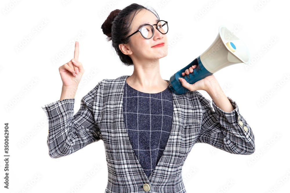 Portrait young pretty woman holding a megaphone on white background Portrait young pretty woman holding a megaphone on white background