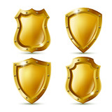 3d realistic vector collection icon set of golden metal shields with nails. Police or sheriff badge.