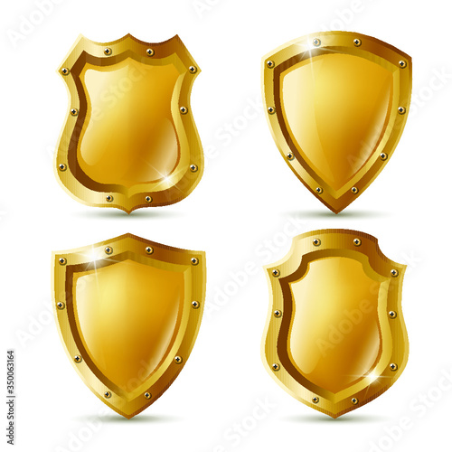 3d realistic vector collection icon set of golden metal shields with nails. Police or sheriff badge.
