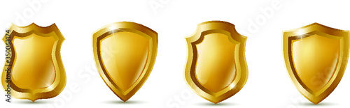 3d realistic vector collection icon set of golden metal shields.
 Police or sheriff badge.