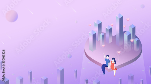 Valentines day illustration.Lovers holding hands sitting in the sky city.Love.