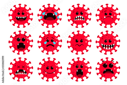 Coronavirus red icon vector set. Covid-19 ncov corona virus flat emoji and emoticon with angry, cry and surprise facial expression isolated in white background. Vector illustration.    
