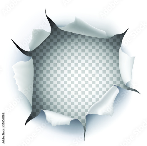 3d realistic vector paper torn hole in white and transparent background, template design with space for text.