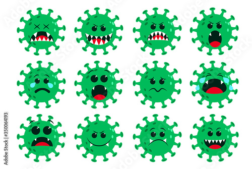 Covid19 coronavirus icon green vector set. Corona virus covid-19 cartoon emoji and emoticon with sad, scary and cry facial expressions isolated in white background. Vector illustration.
