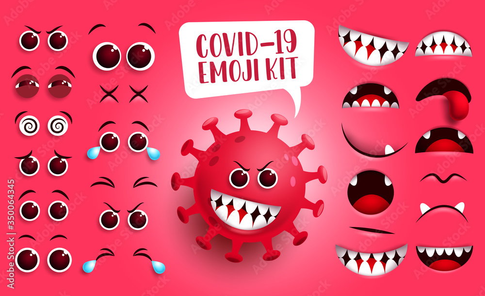 Obraz premium Covid-19 emoji kit vector set. Coronavirus covid-19 smiley icon and emoticon face editable creation eyes and mouth with scary facial expression isolated in red background. Vector illustration. 