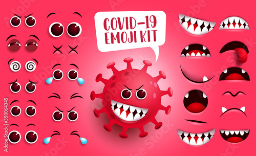 Covid-19 emoji kit vector set. Coronavirus covid-19 smiley icon and emoticon face editable creation eyes and mouth with scary facial expression isolated in red background. Vector illustration. 

