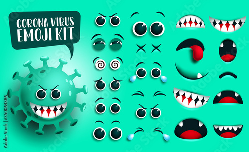 Coronavirus emoji kit vector set. Covid19 corona virus emoticon and icon editable eyes and mouth with naughty facial expression isolated in green background. Vector illustration. 
