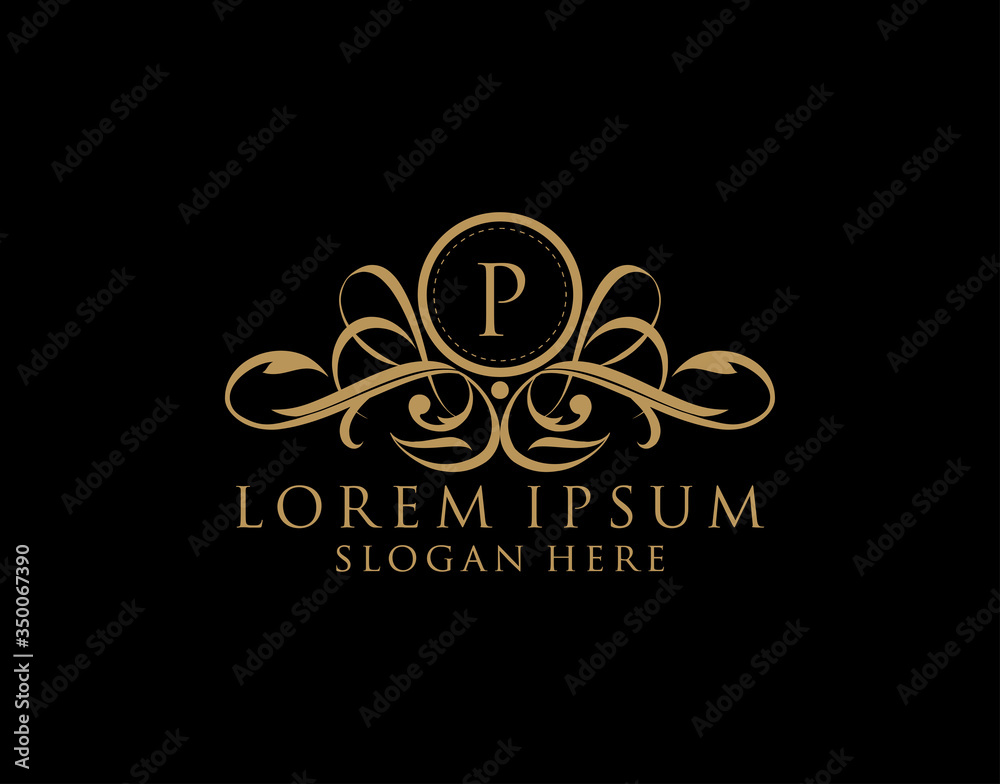 Luxury P Letter Logo, Flourishes calligraphic monogram emblem template for Restaurant, Boutique,Wedding, Hotel, Photography, Fashion and Label.