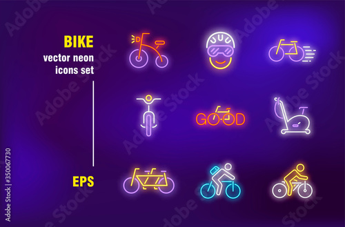 Bikes collection in neon style. Bicycles, rider and wheels. Vector illustrations for bright signboards. Transportation and entertainment concept