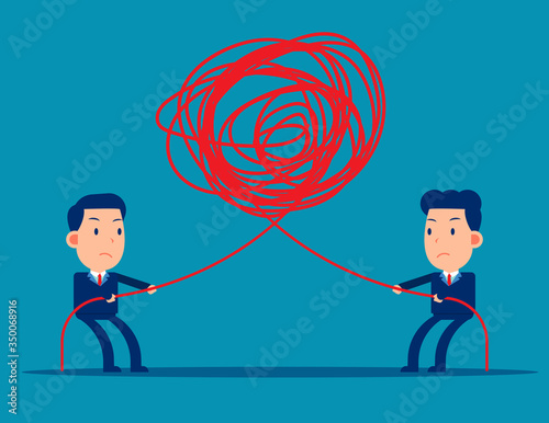 Pulling at tangled rope in opposite directions. Competition