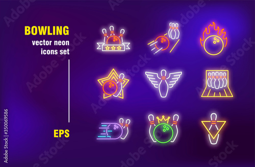 Bowling collection in neon style. Ball, strike and skittles alley. Vector illustrations for bright billboards. Sport game and entertainment concept