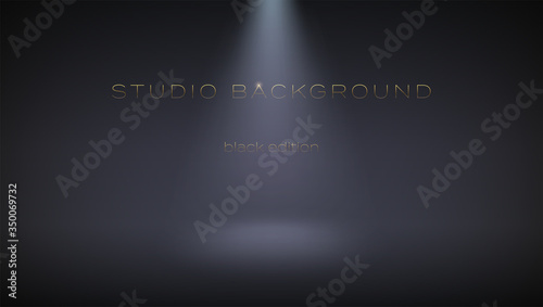 Black empty studio illuminate spotlight. Soft gradient from the rays of the searchlight. Dark room for background and display brand or product. Black edition. Vector 3d illustration