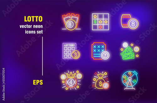 Casino and lotto set in neon style. Glowing dollars, crown and lottery. Vector illustrations for night bright advertisement. Gambling and casino game concept