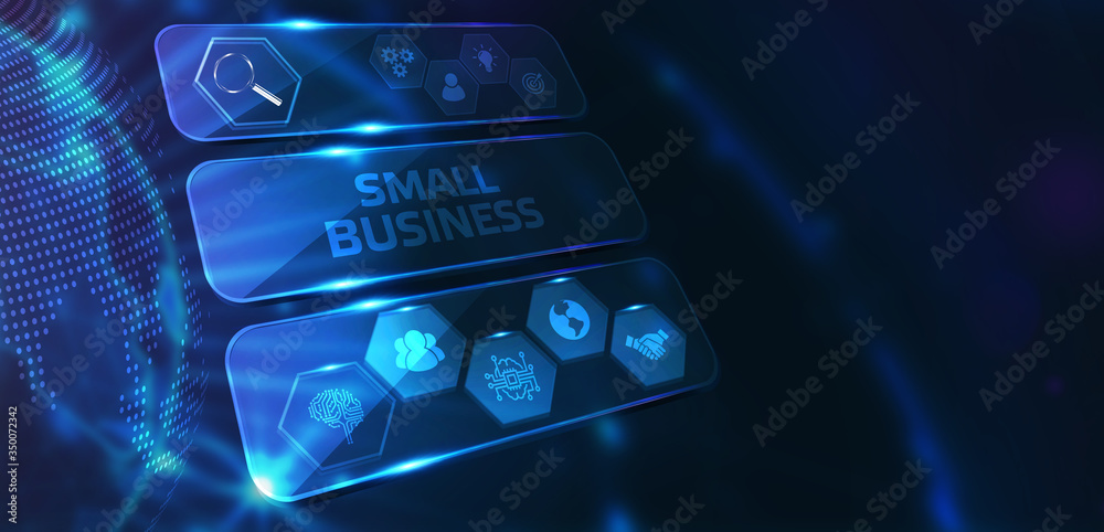 Obraz premium Business, Technology, Internet and network concept. Young businessman working on a virtual screen of the future and sees the inscription: small business
