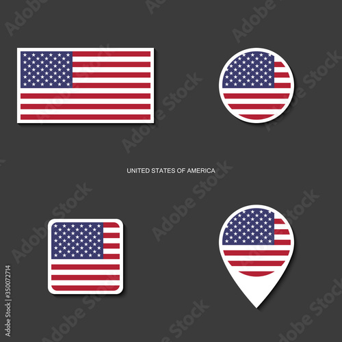 United States of America (USA) flag icon set in rectangle, circle, square and pin map icon on dark grey background. USA sticker flag icon collection on barely dark background.
