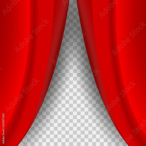 Half open red curtain with soft shadow. Realistic red velvet curtain on the checkered background.