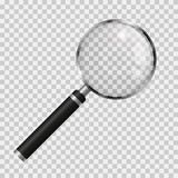 Magnifying glass realistic vector illustration. Silver magnifier isolated on transparent background.