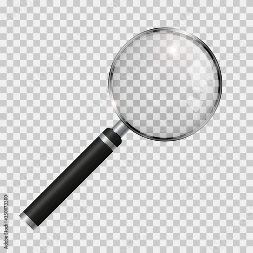 Magnifying glass realistic vector illustration. Silver magnifier isolated on transparent background.