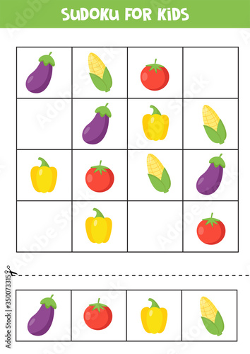 Sudoku game with eggplant, corn, tomato and pepper.