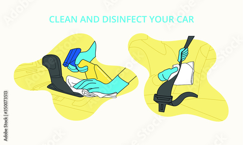Illustrated icons to disinfect car with gloves and avoid contagion by Covid 19  lever and seat belt
