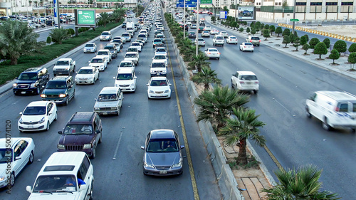 RIYADH, SAUDI ARABIA - JANUARY 11, 2018: A traffic congestion builds up in Riyadh, Saudi Arabia's King Fahad road