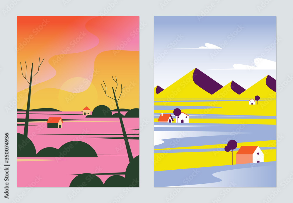 Countryside landscape poster design, small village in rural