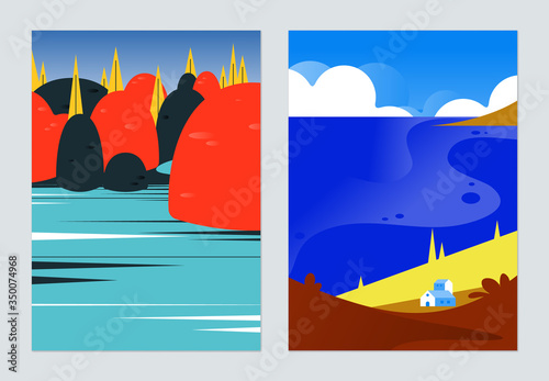 Countryside landscape poster design, river in the forest and seacoast village