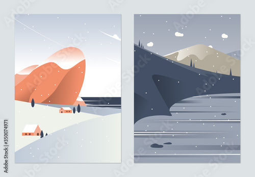 Countryside landscape poster design, village beside the sea and frozen lake in the valley