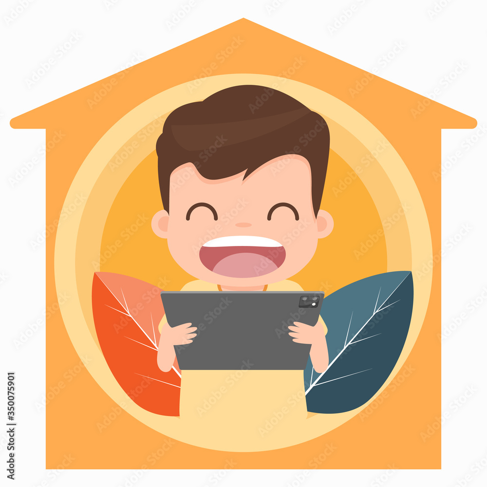 Cute little kid smile and happy holding smartphone or tablet, Enjoying watching and laugh at home, stay home stay safe coronavirus outbreak campaign. vector illustration.