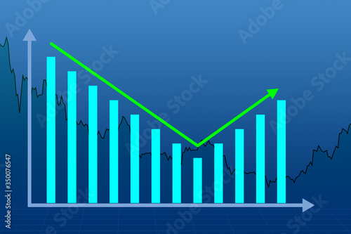 Charts symbolize a rebound in the market. Charts show growth again. The fall turned into growth. Concept - recovering of the economic situation. Charts on a blue background. Post-crisis rebound